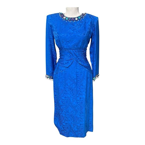 VTG 80s d’ore 100% Silk Jeweled Collar Jacquard Beaded Gem Dress Midi Petite 4 - Picture 1 of 9